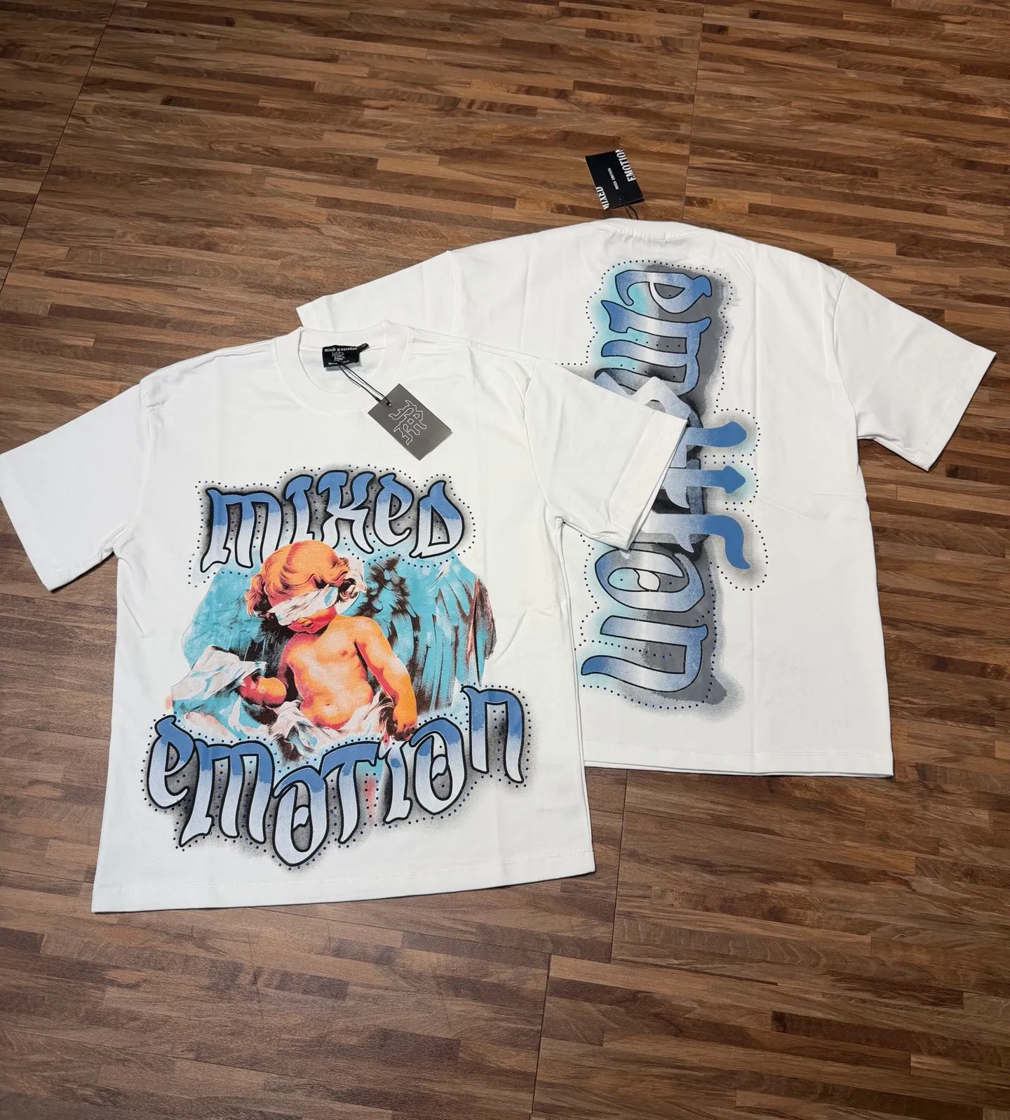 E 8122 #Cream White/Active Black｜ MIXED EMOTION In Stock real shot (imported Australian diamond perm) American trendy brand loose casual T-shirt Fabric (fabric): 32 counts Weight combed double yarn pure cotton Sizes (size): S-M L